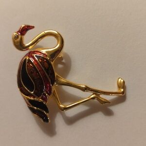 Vintage Gold Tone Enameled Flamingo Pin Brooch